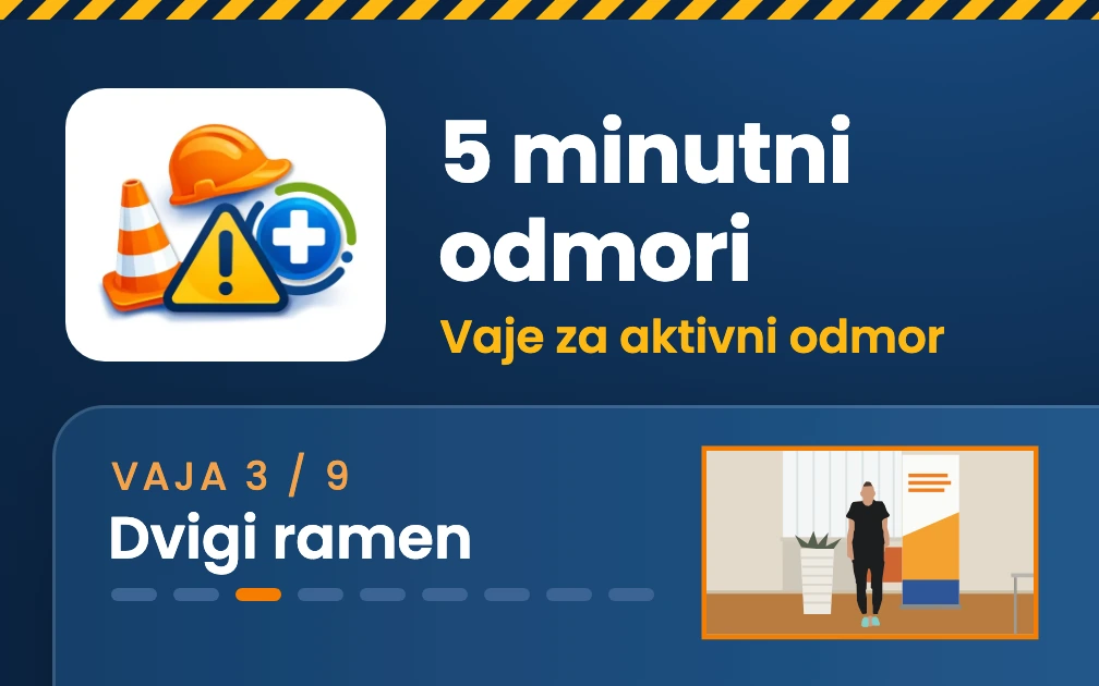 The Varnoška logo on a white tile beside the site's headline 5 minutni odmori and the line Vaje za aktivni odmor, above a routine video showing exercise 3 of 9, Dvigi ramen, with a still of the trainer and one dash per exercise, the third lit orange.