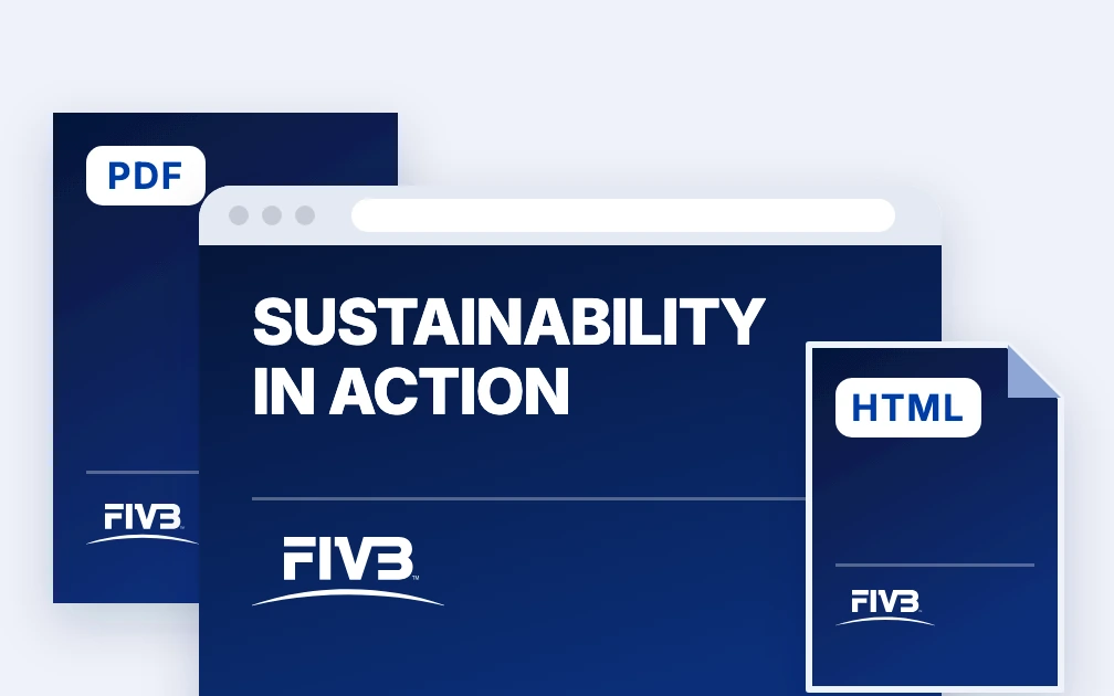 One FIVB report cover, Sustainability in Action, shown three ways from the same snapshot: in a browser window, as a PDF page and as a single HTML file, each carrying the FIVB mark.