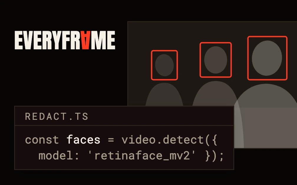 The Everyframe wordmark above a video frame with three people whose faces are boxed in red by the engine's face detector, beside the line of TypeScript that asks the engine to find them.