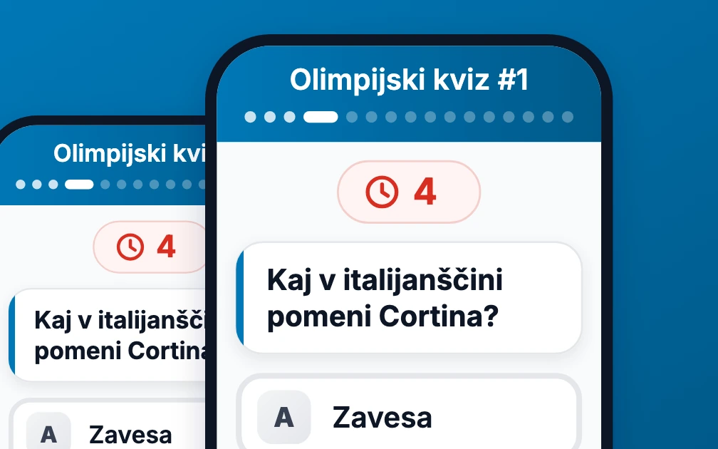 Two phones showing the same Olimpijski kviz question at the same moment, Kaj v italijanščini pomeni Cortina?, each with the countdown at 4 seconds in red and the first answer, Zavesa, below.
