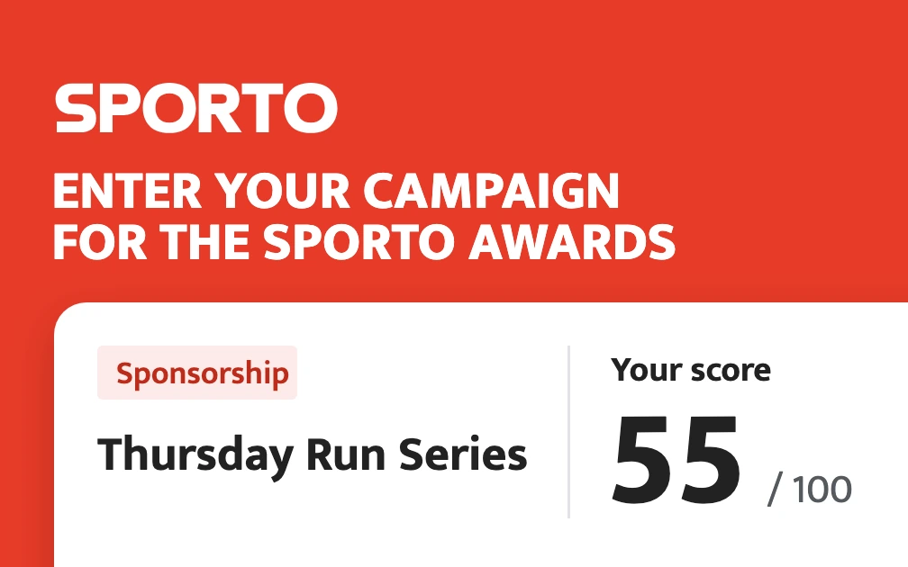 On SPORTO red, the white SPORTO mark and the headline Enter your campaign for the SPORTO Awards sit above a jury entry card for a Sponsorship entry, Thursday Run Series, with the judge's score of 55 out of 100.