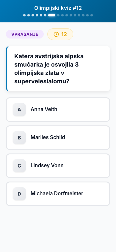 The question screen on a phone, showing a countdown, a question about Austrian alpine skiing, and four lettered answers.