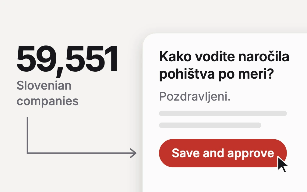 A drafted first email in Slovene, waiting for a person to click Save and approve, at the end of a line that starts at 59,551 Slovenian companies.