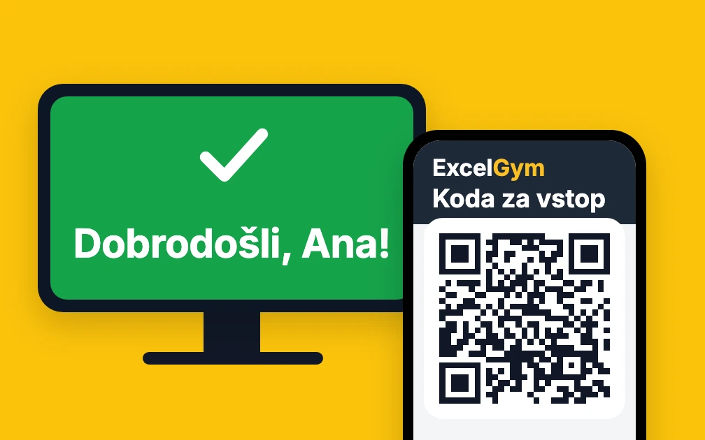 On Excel Gym yellow, a member holds up the app's entry QR code in front of the reception kiosk, whose screen has turned green with a check mark and the words Dobrodošli, Ana!